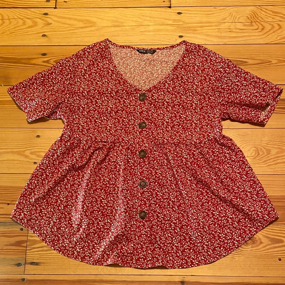 SHEIN Red Floral Button-Down Blouse